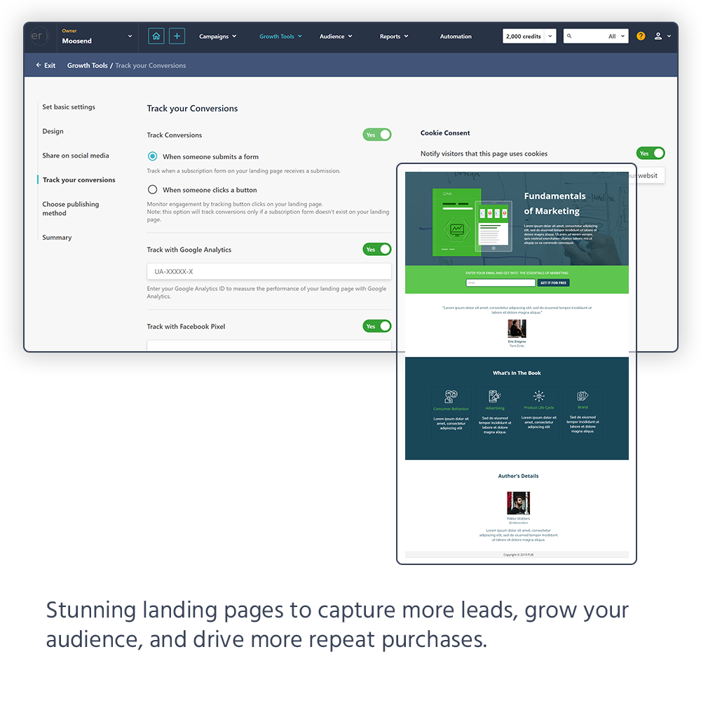 Moosend landing page editor with conversion tracking and page preview