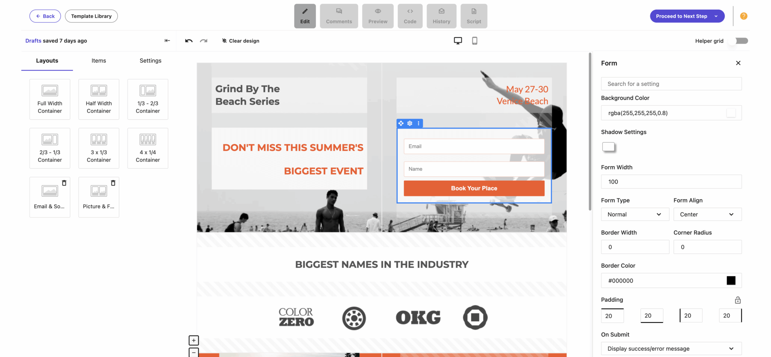 Moosend landing page builder with form editing panel open