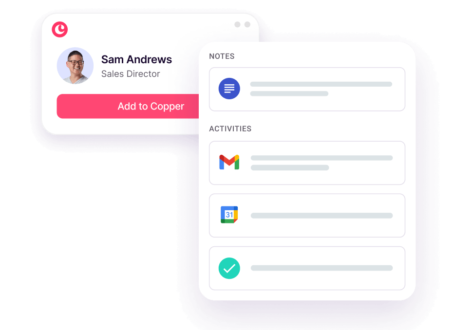 Copper contact view with notes and activity history connected to Gmail and calendar actions
