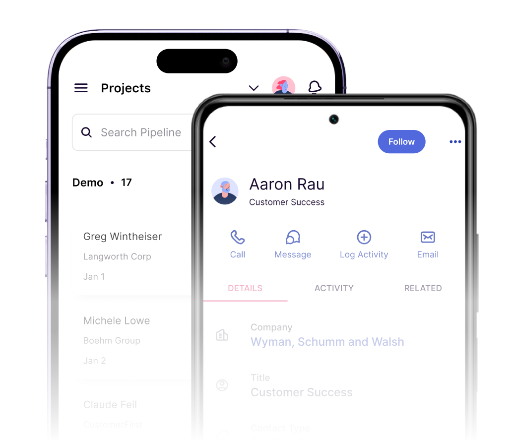 Copper mobile CRM showing project and contact screens