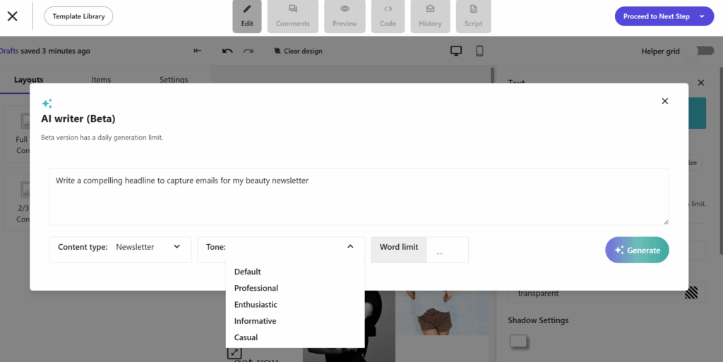 Moosend AI writer inside the editor