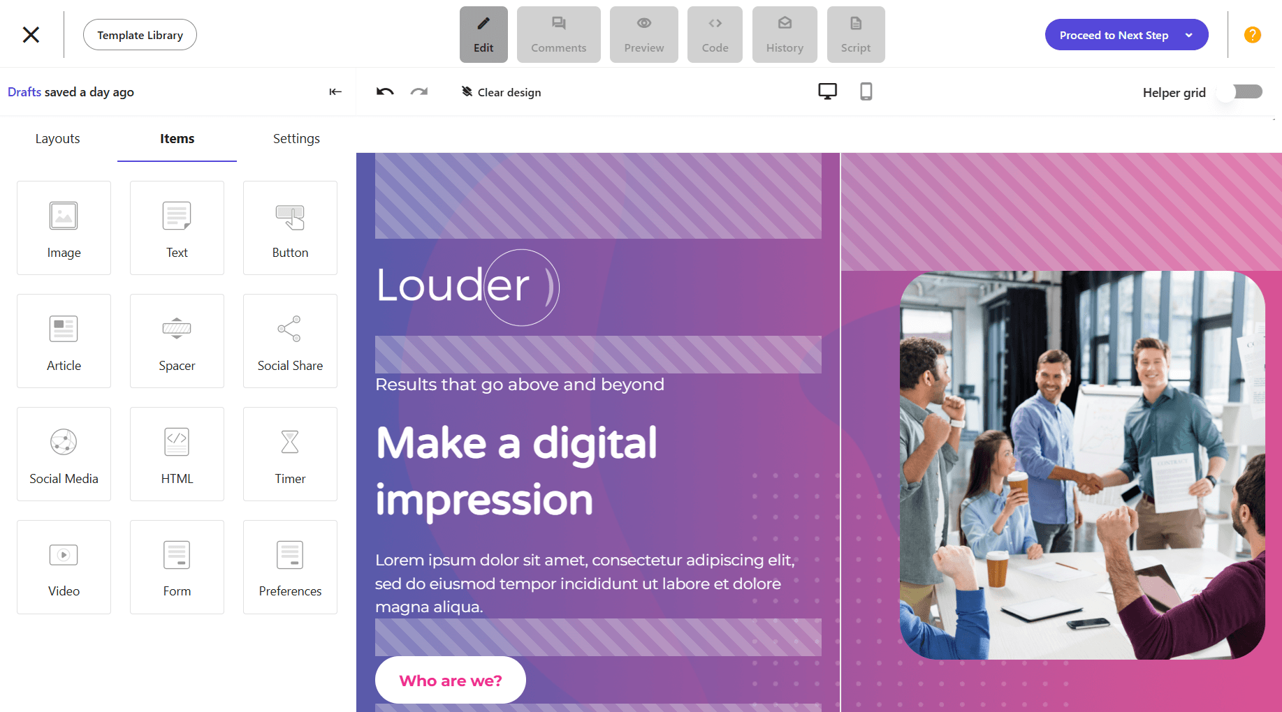 Moosend landing page editor interface