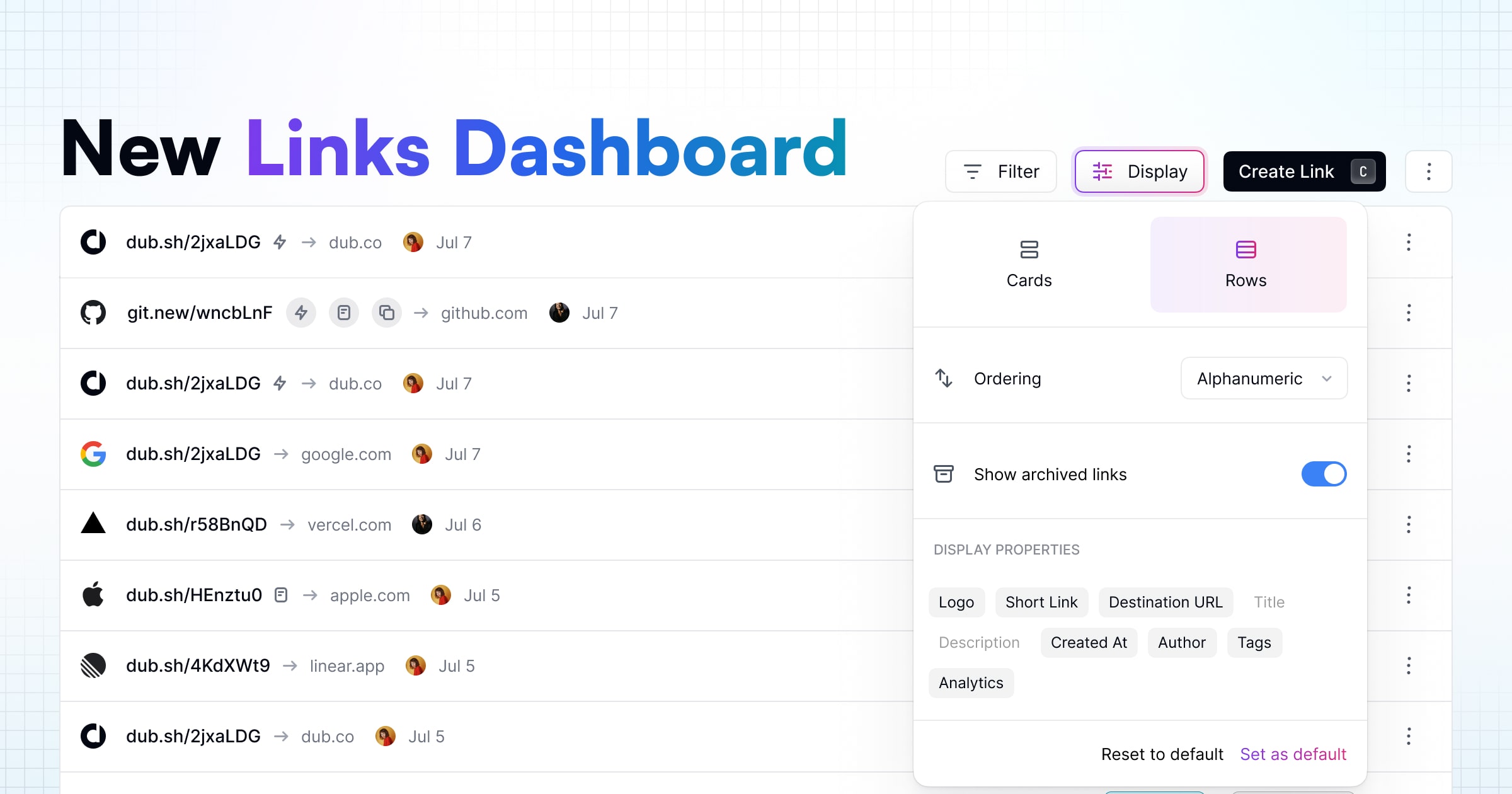 Dub links dashboard with rows view and display settings