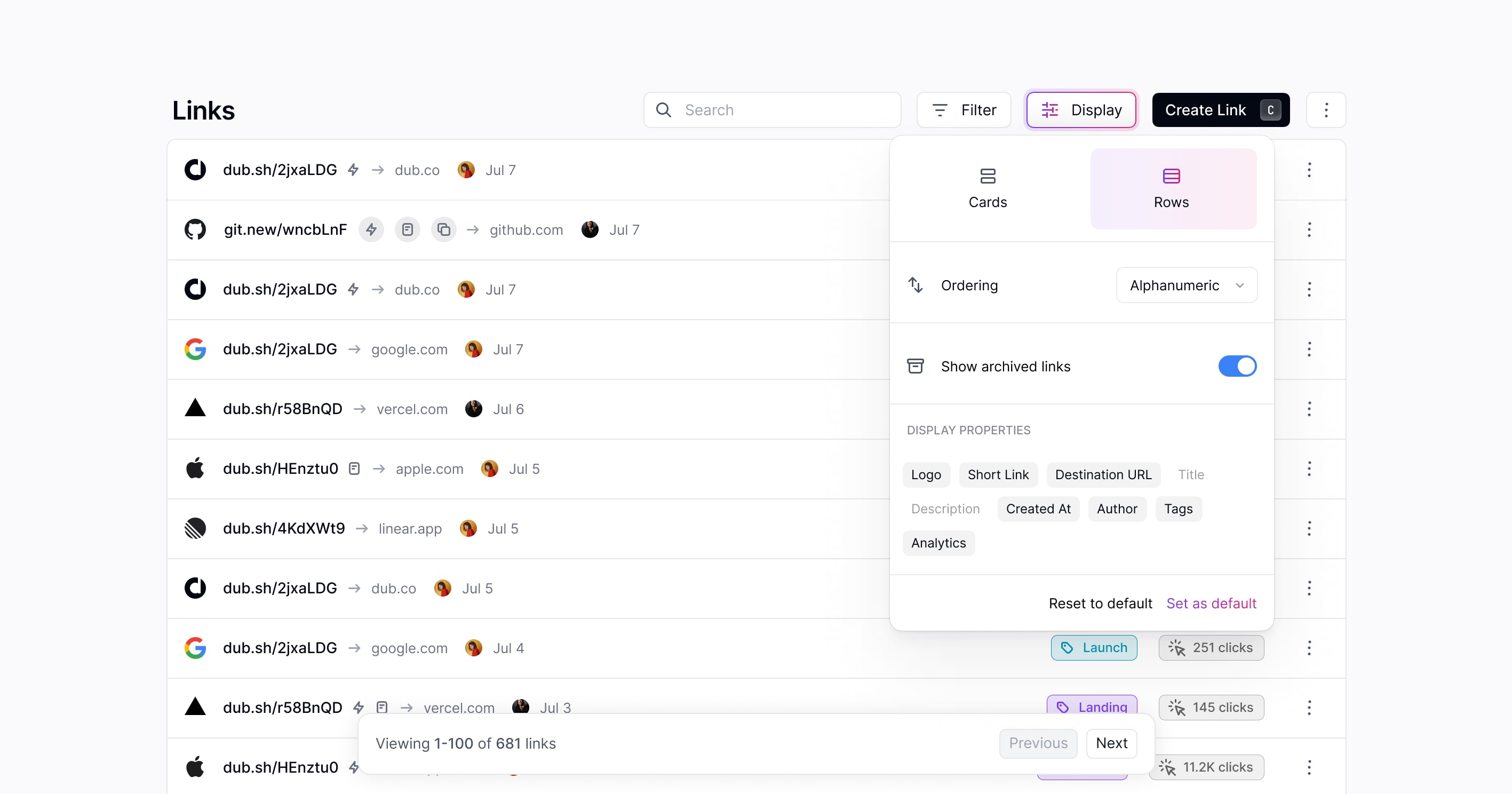 Dub links dashboard showing rows view, filters, and display settings