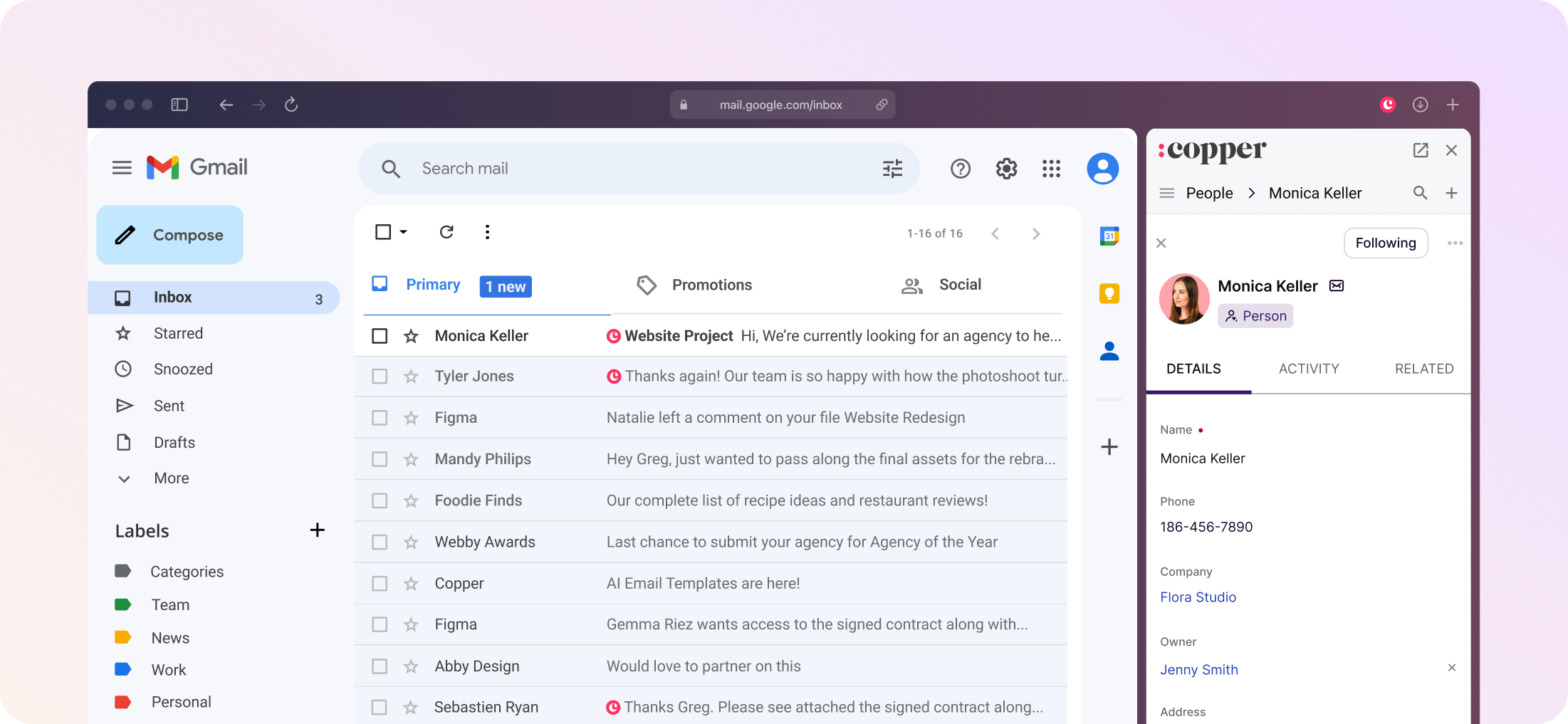 Copper CRM sidebar inside Gmail