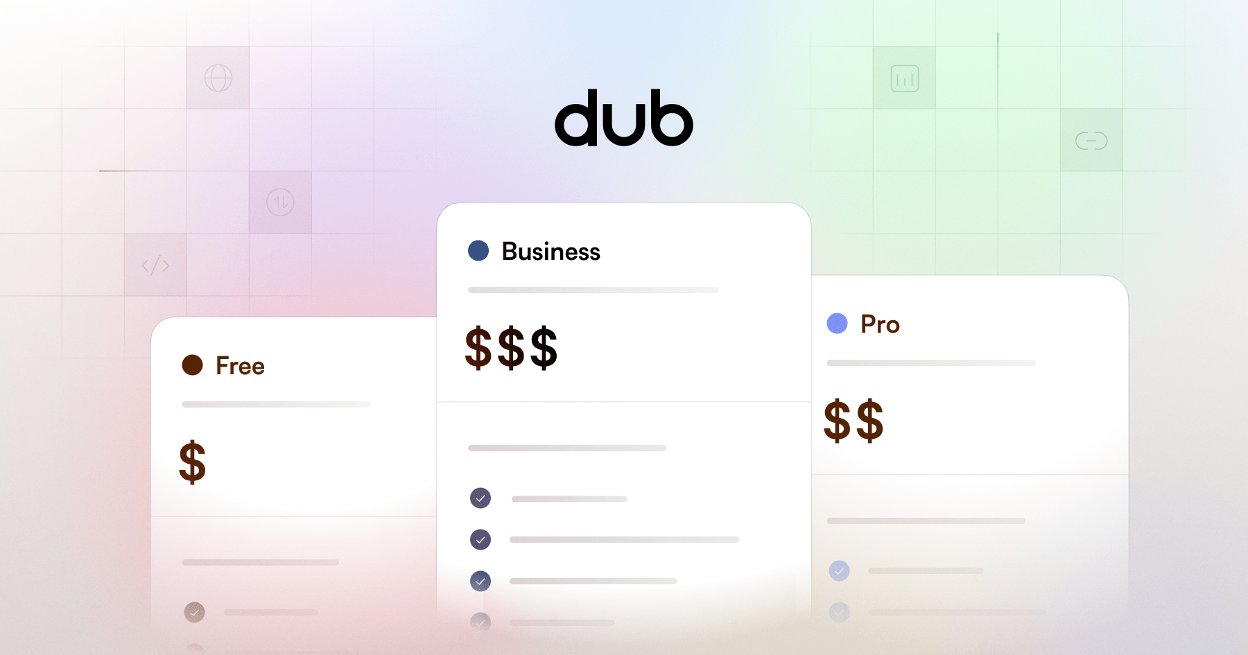 Dub pricing visual showing Free, Pro, and Business plan tiers