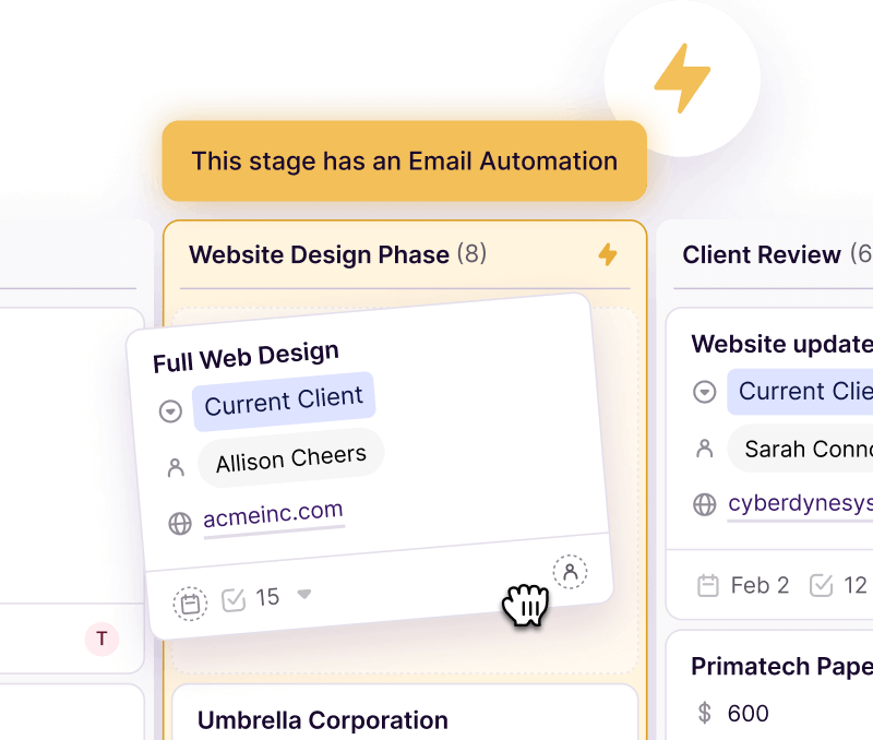 Copper project automation view showing stage-based email automation