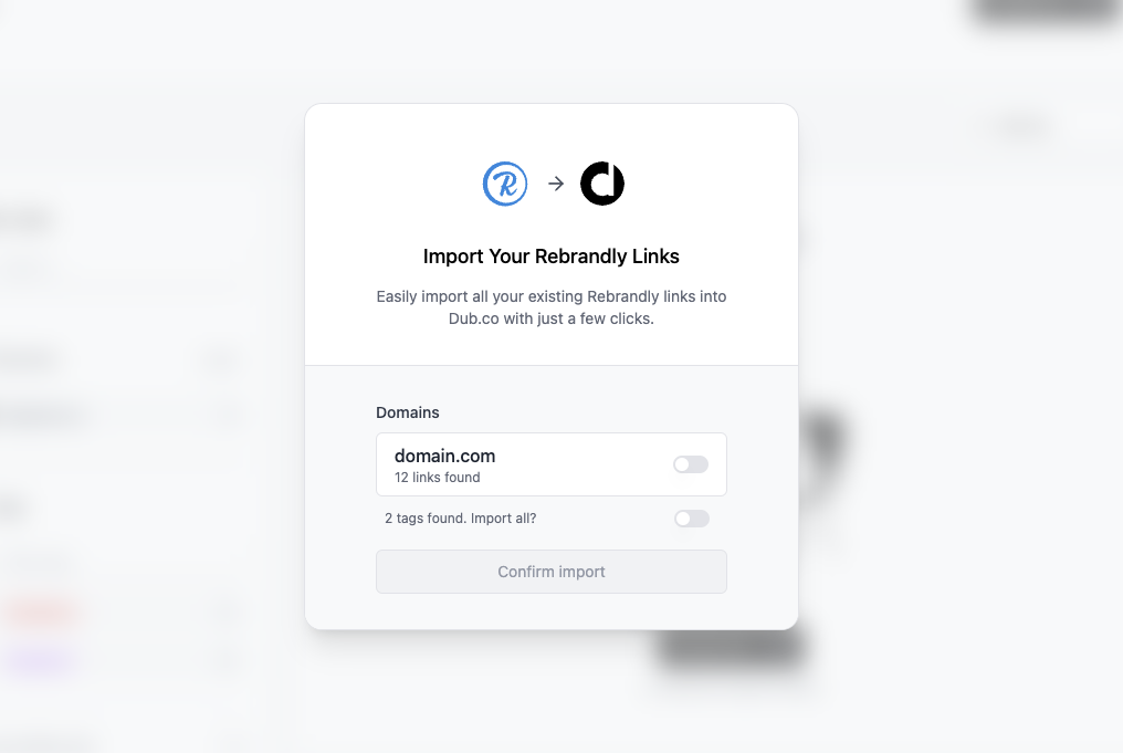 Dub interface for importing existing Rebrandly links