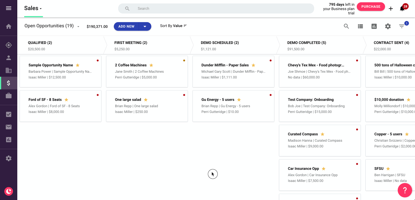 Copper sales pipeline board with deal stages and opportunities