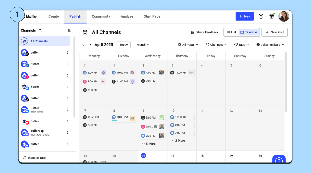 Buffer dashboard calendar showing scheduled posts across multiple social channels