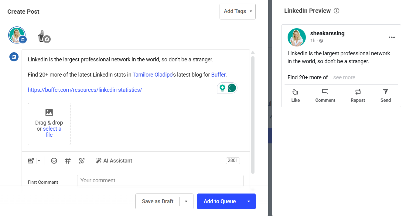 Buffer post composer with LinkedIn preview and scheduling controls