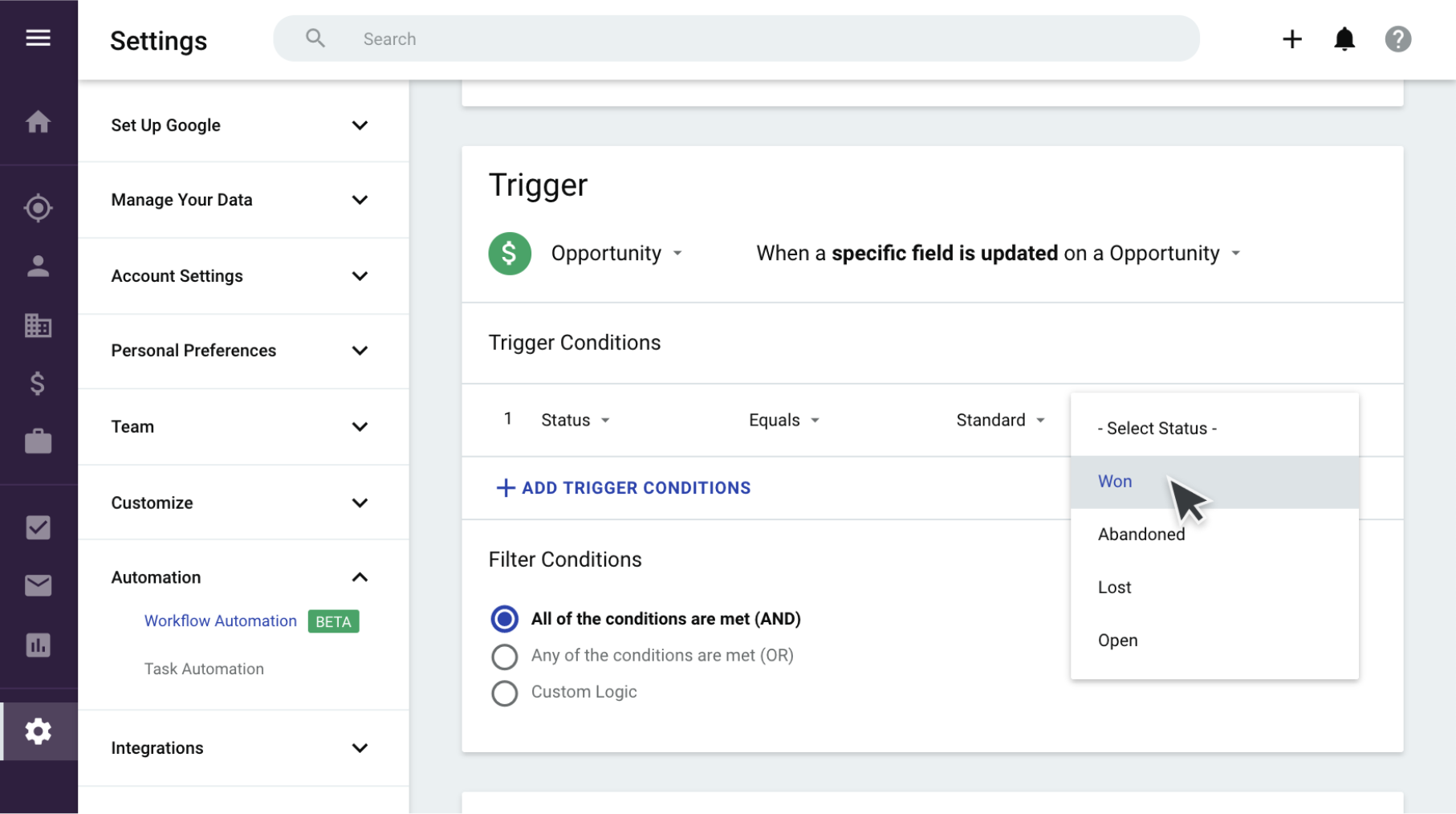 Copper workflow automation screen inside the CRM