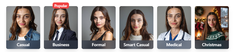BetterPic style choices including casual, business, formal, smart casual, medical, and Christmas