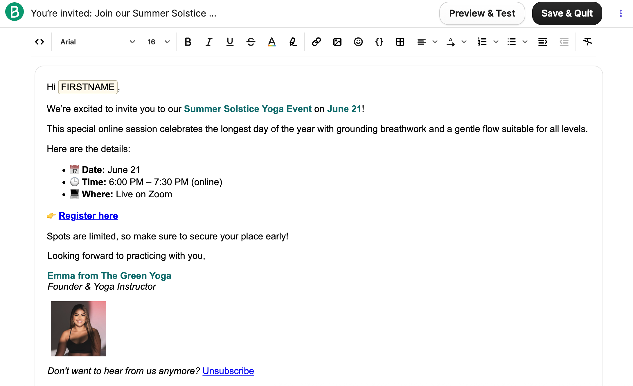 Brevo simple email editor showing a personal-style campaign draft