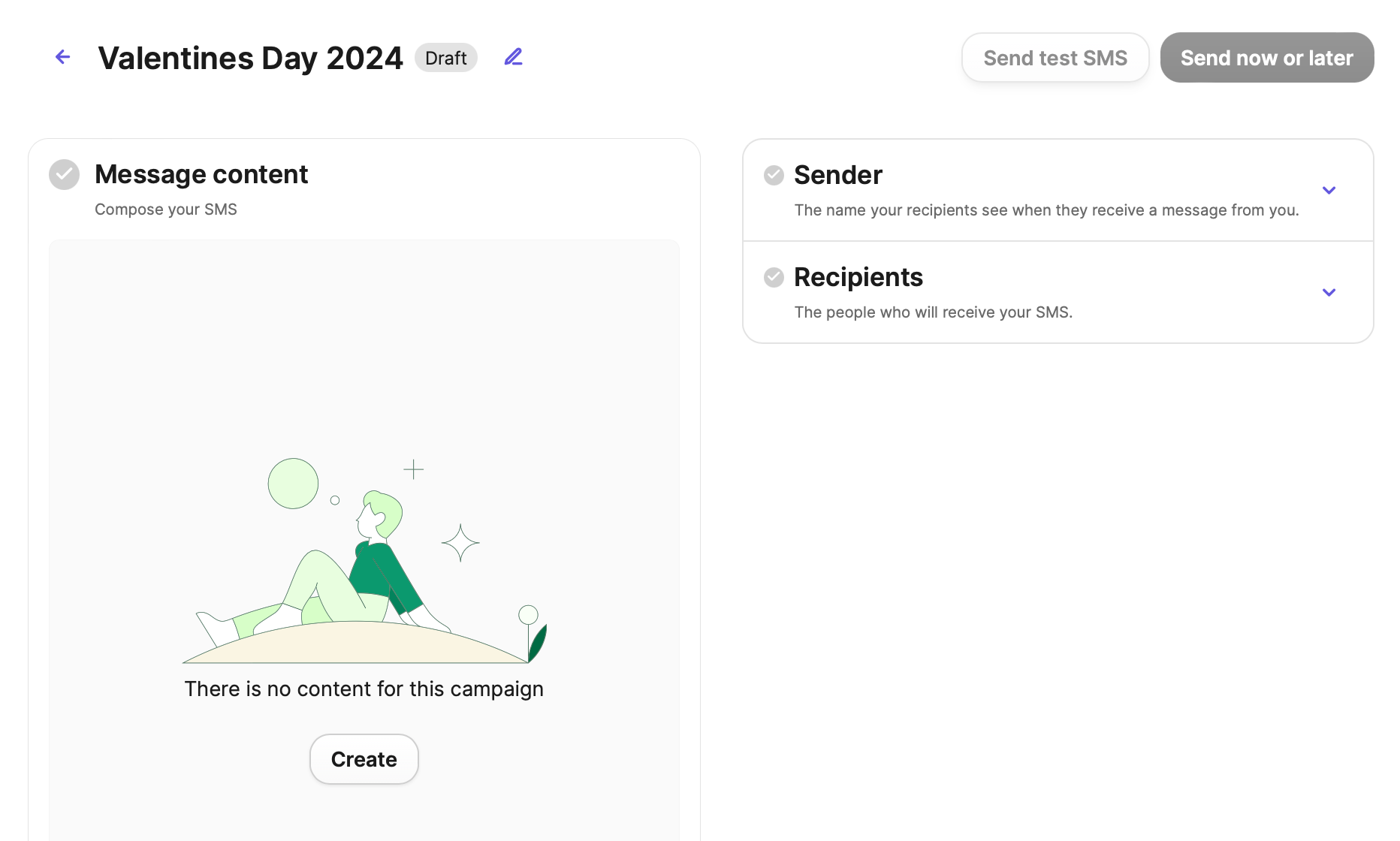 Brevo SMS campaign setup screen with message content, sender, and recipients sections