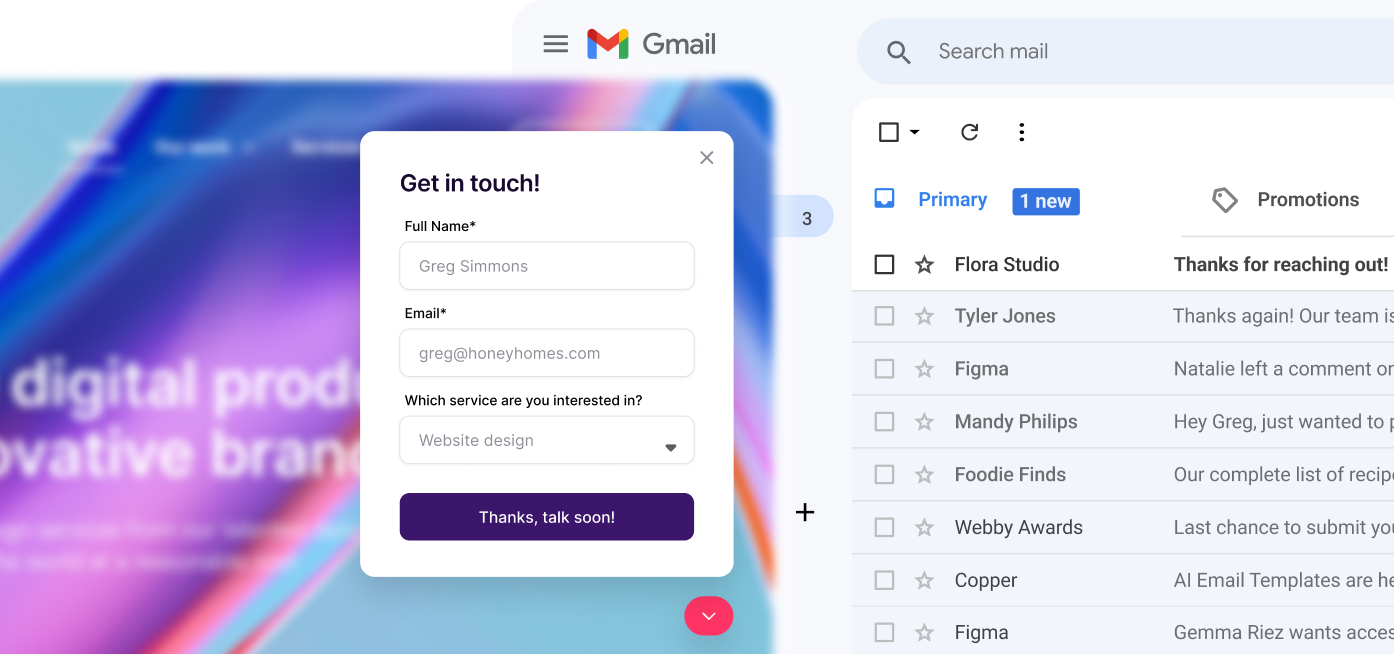 Copper lead capture form and Gmail follow-up view