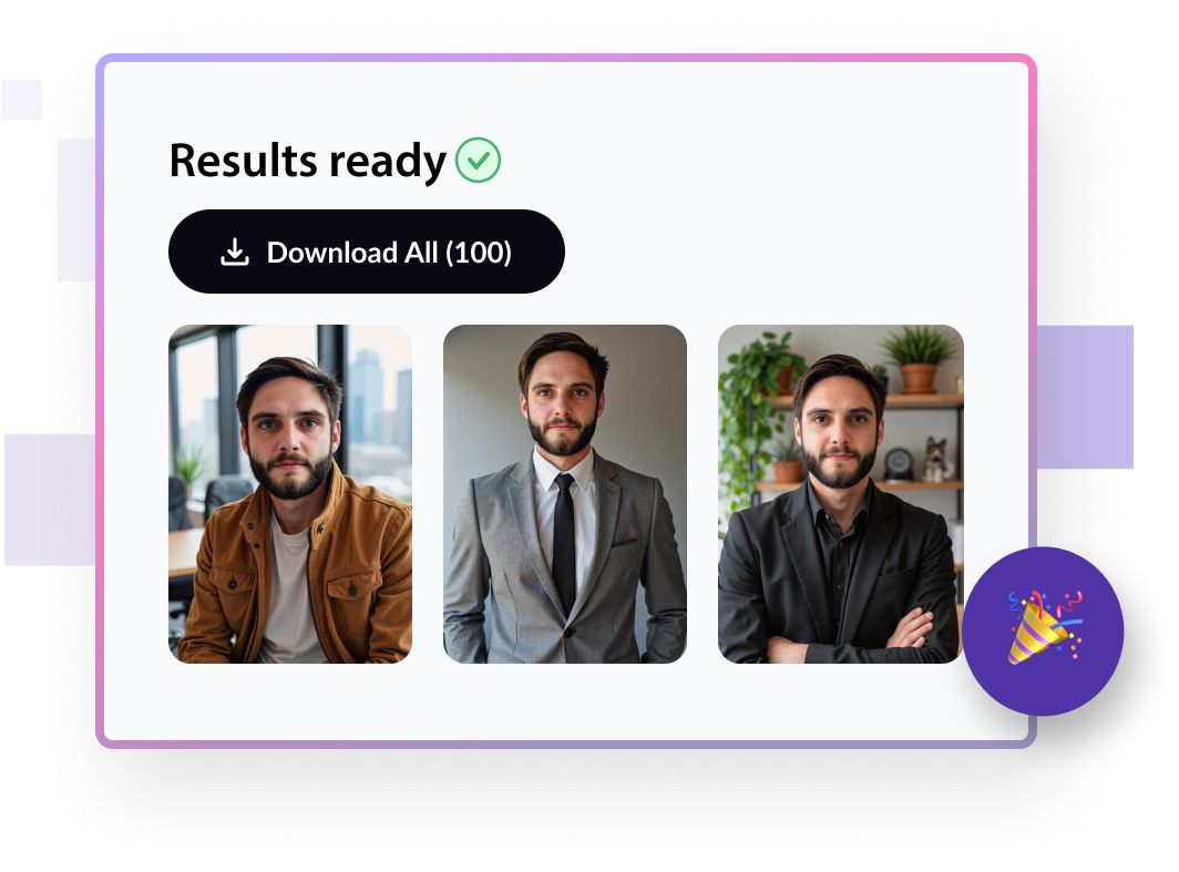 BetterPic results screen showing completed AI headshots ready to download