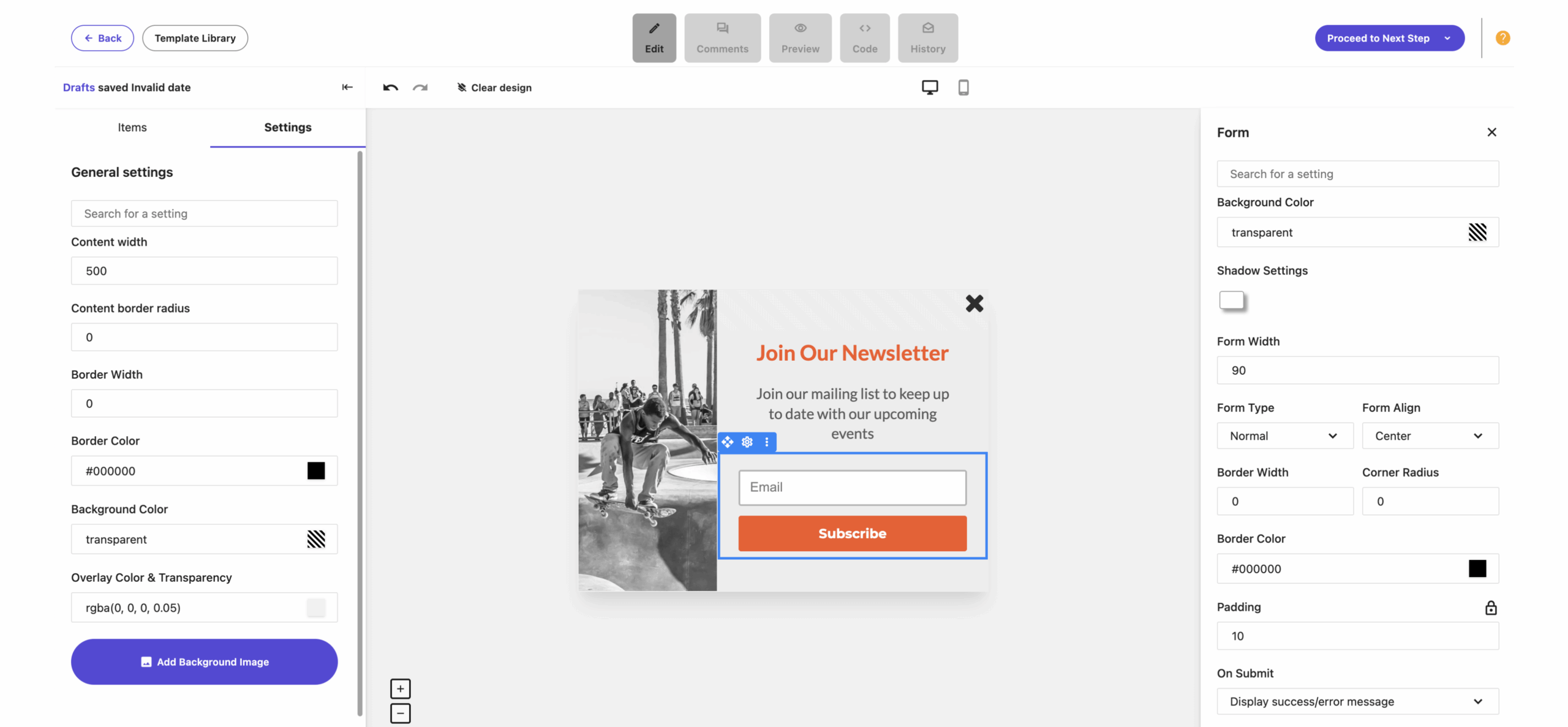 Moosend subscription form editor interface