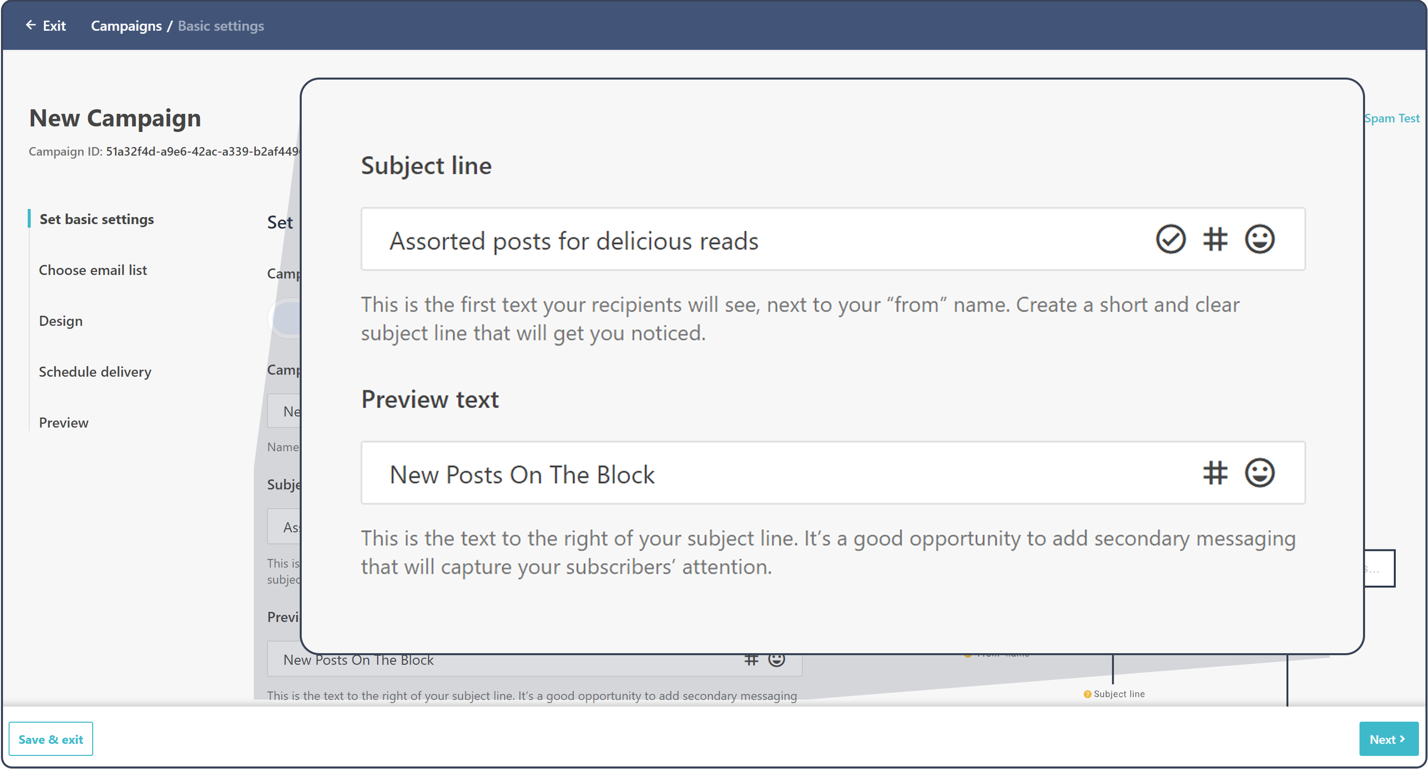 Moosend campaign setup screen showing subject line and preview text editor
