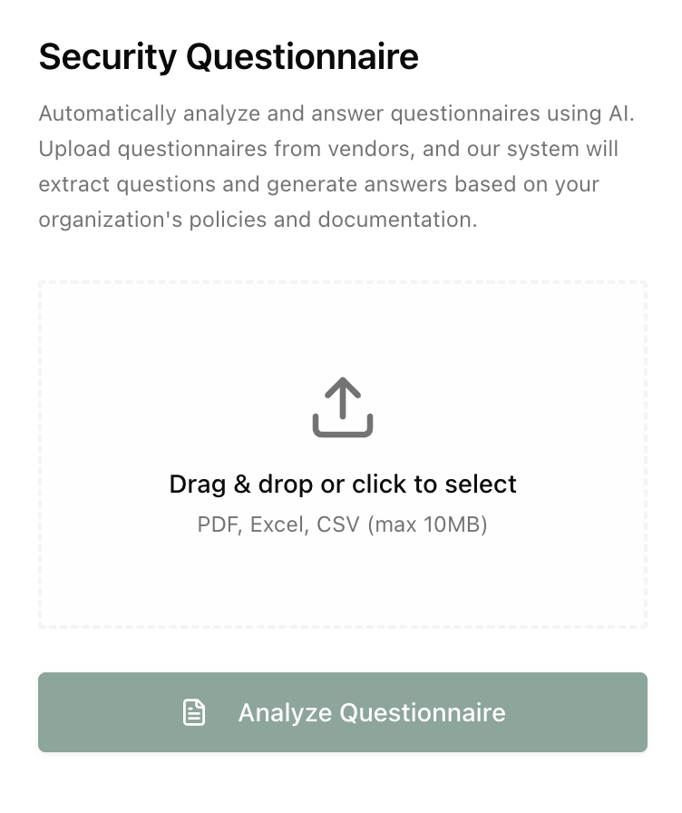 Comp AI security questionnaire upload screen
