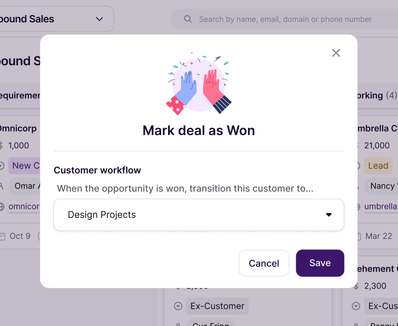 Copper workflow automation screen showing a deal being moved into a customer workflow