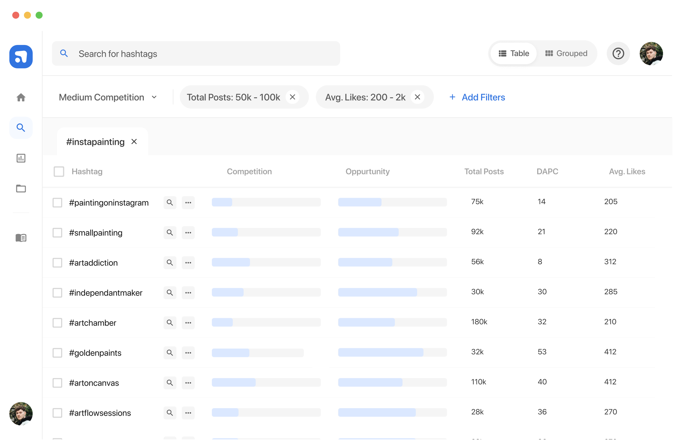 Flick hashtag search dashboard with filters and hashtag opportunity data