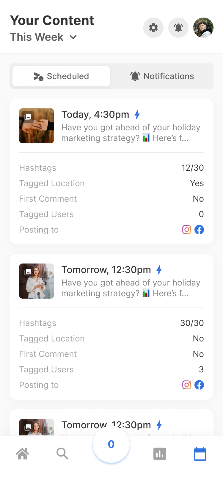 Flick mobile app showing scheduled content list