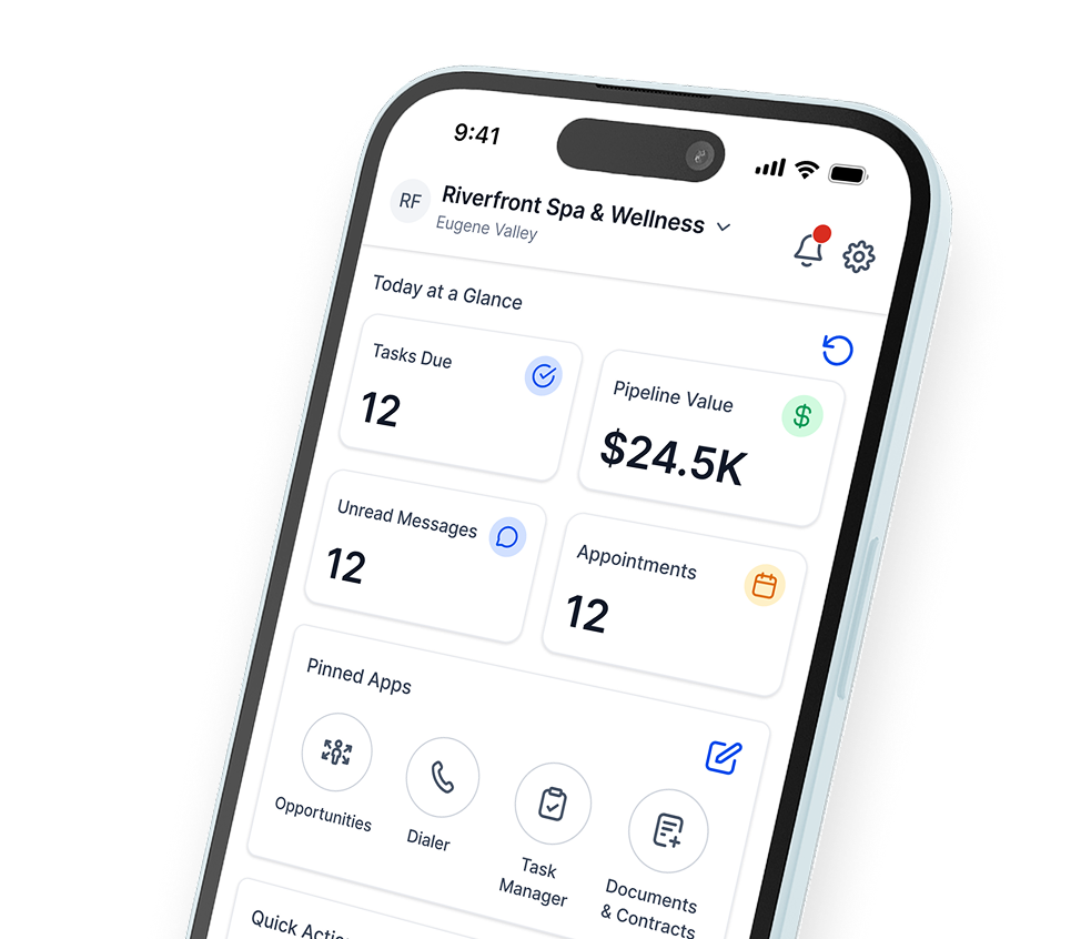 GoHighLevel mobile dashboard showing broader CRM and operations features