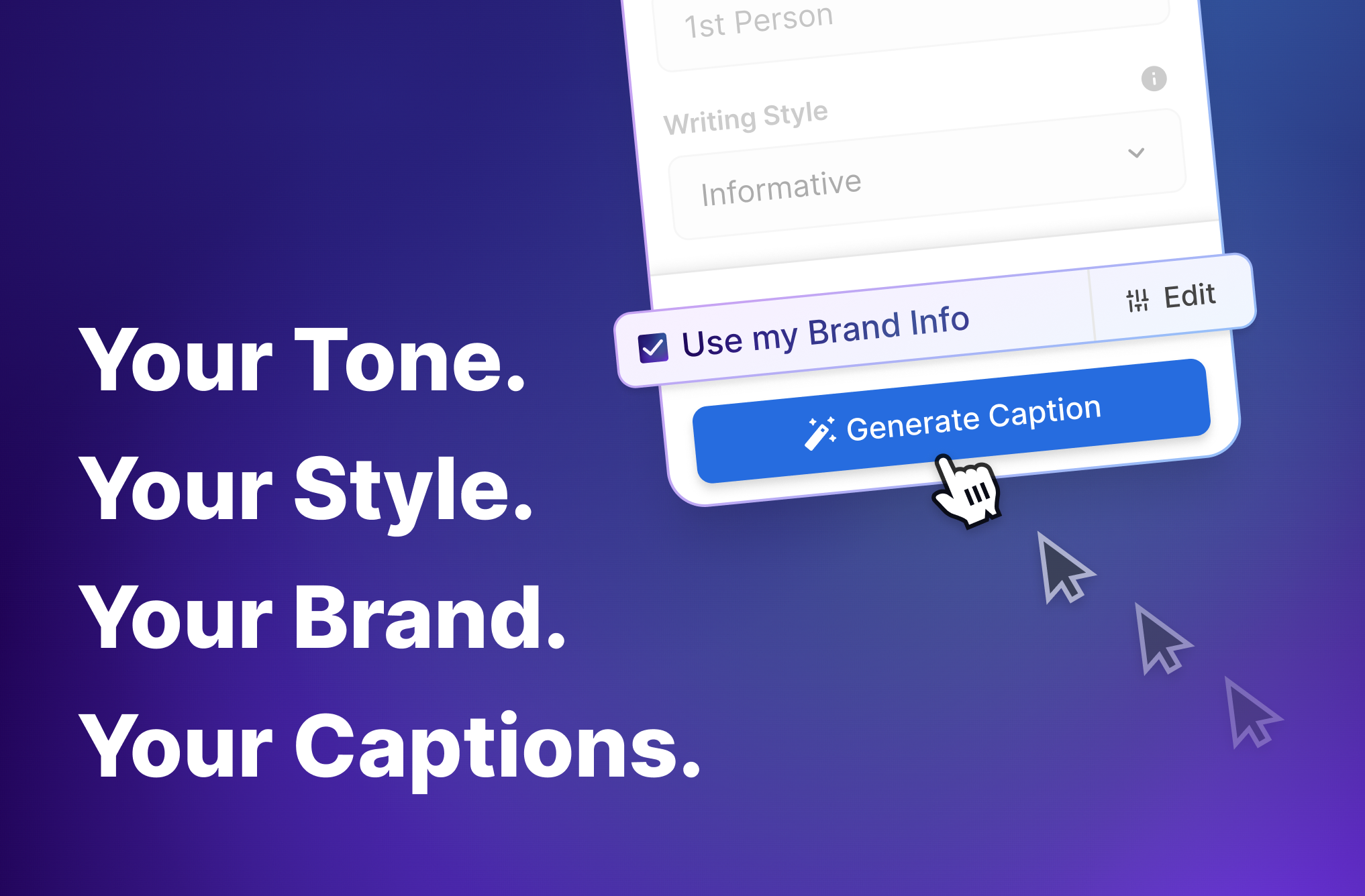 Flick AI caption generator using brand information to create on-brand captions