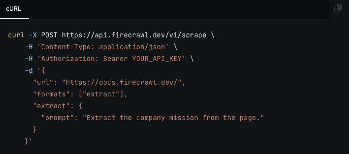 Firecrawl extraction example shown in a code screenshot