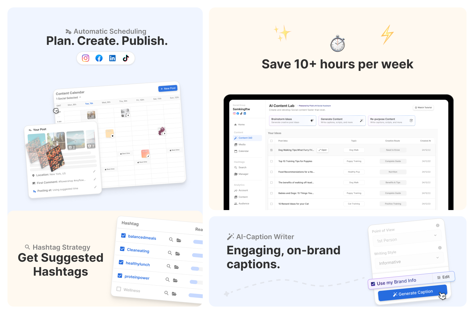 Flick interface showing post scheduling, content planning, hashtag suggestions, and on-brand caption tools