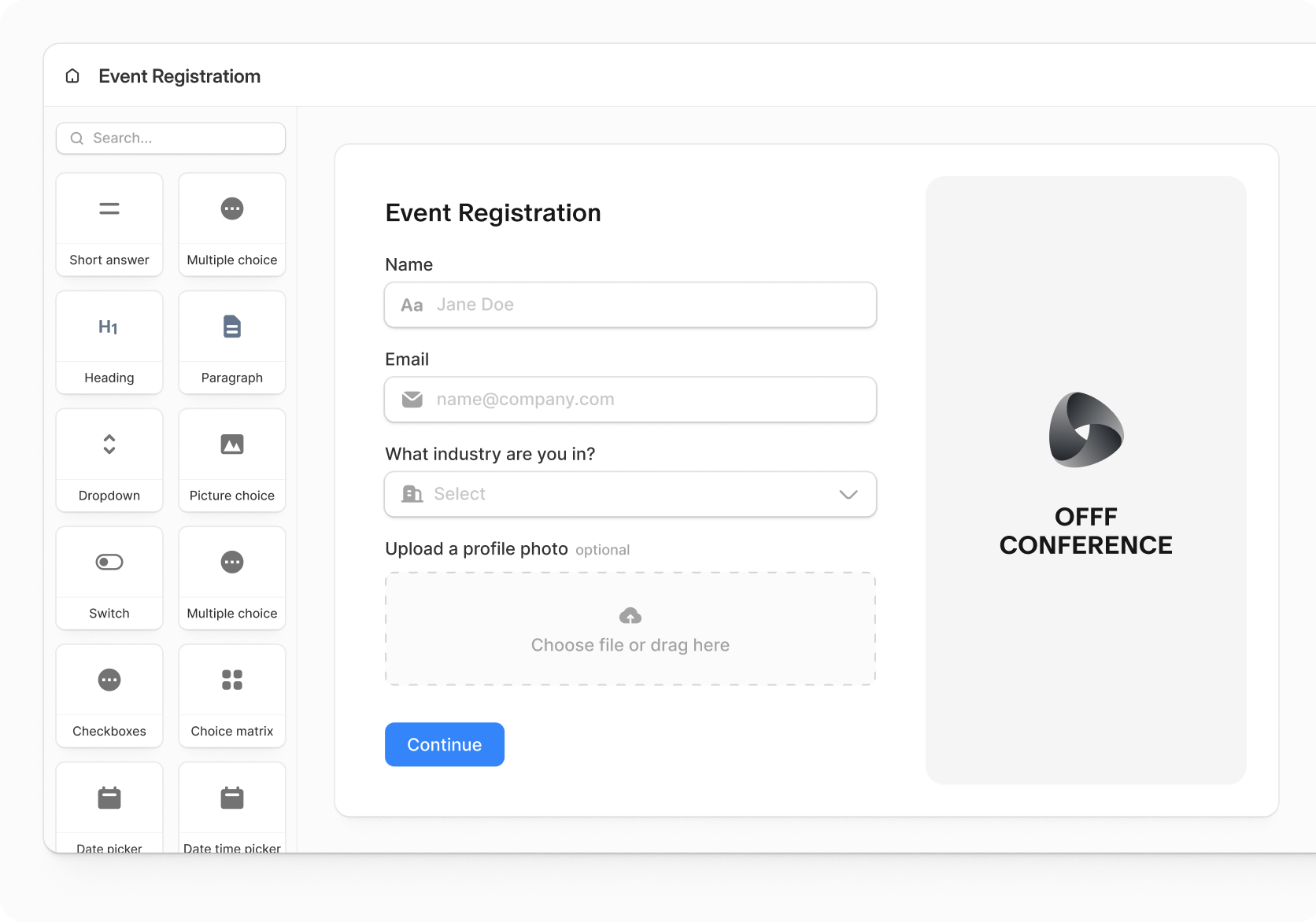 Fillout form builder interface with event registration layout