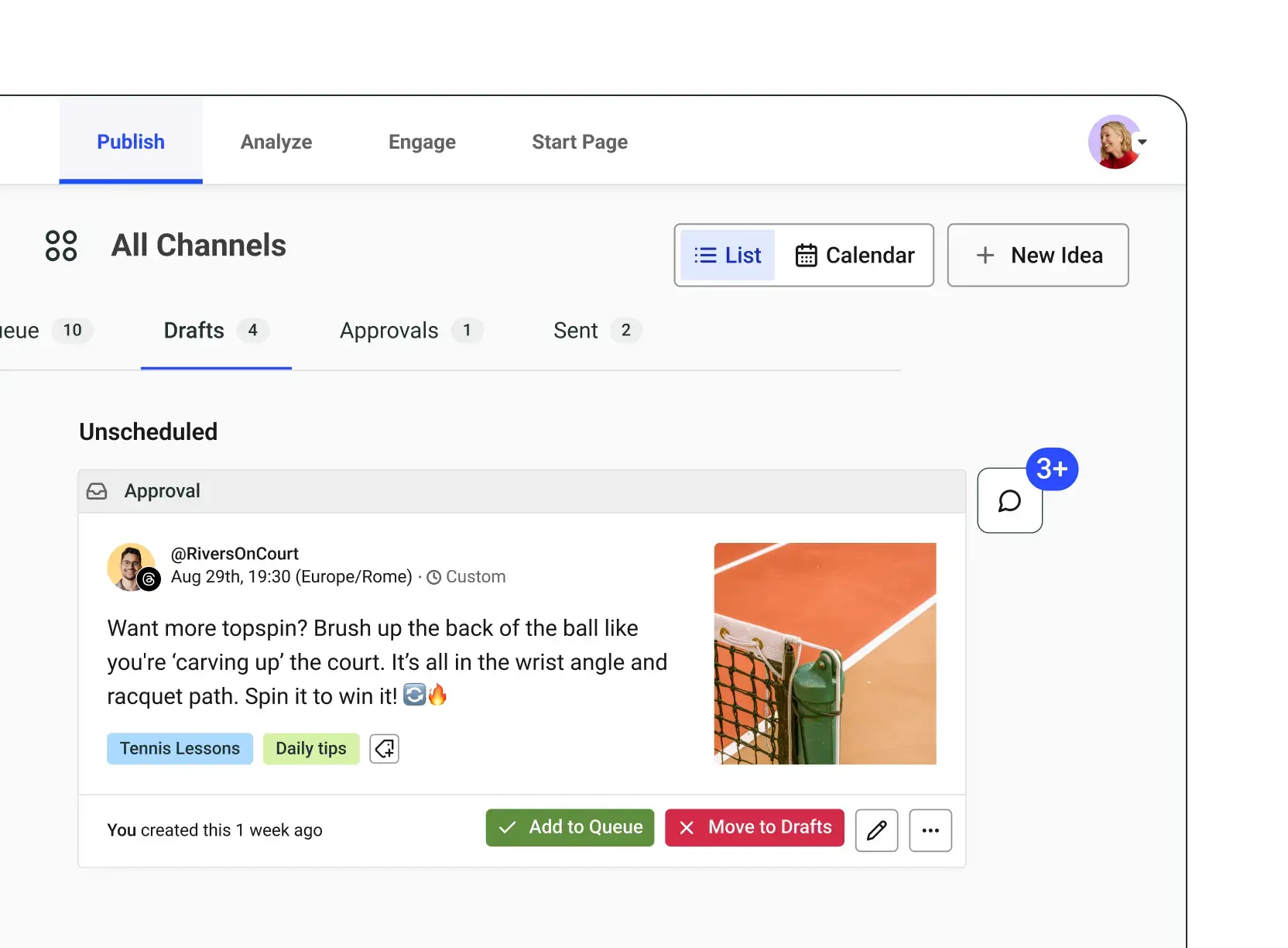 Buffer publishing dashboard showing drafts, approvals, and post workflow