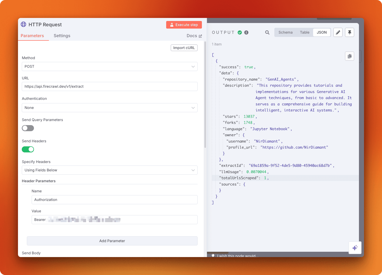 Firecrawl API request and JSON output inside an automation workflow builder