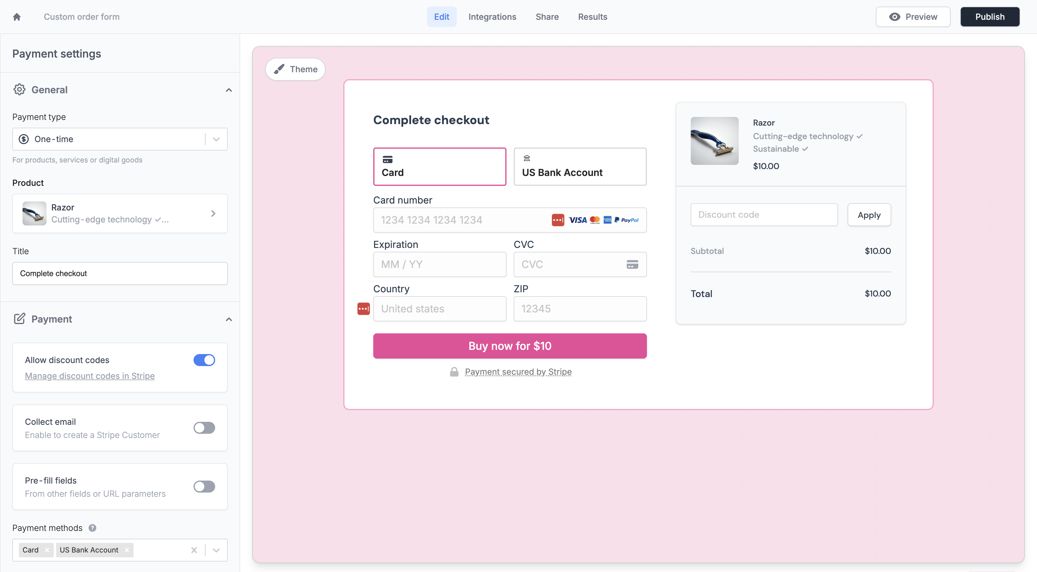 Fillout payment form checkout screen with card and bank account options