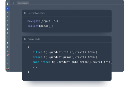 Bright Data web scraping interface showing interaction and parser code panels
