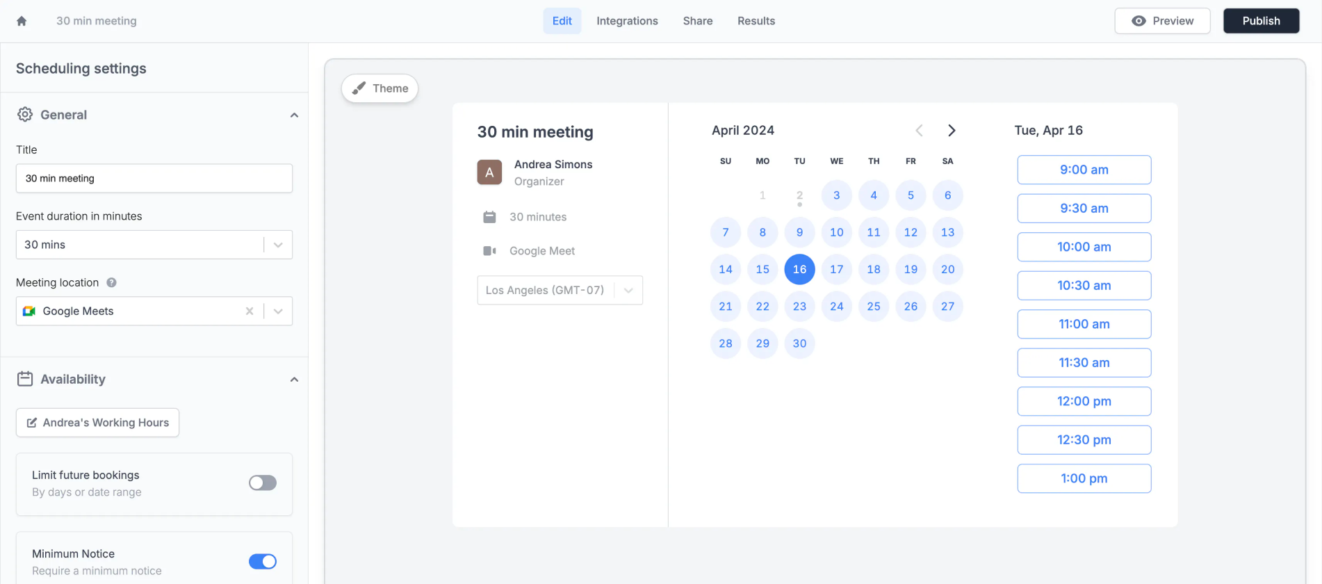 Fillout scheduling interface showing calendar booking page