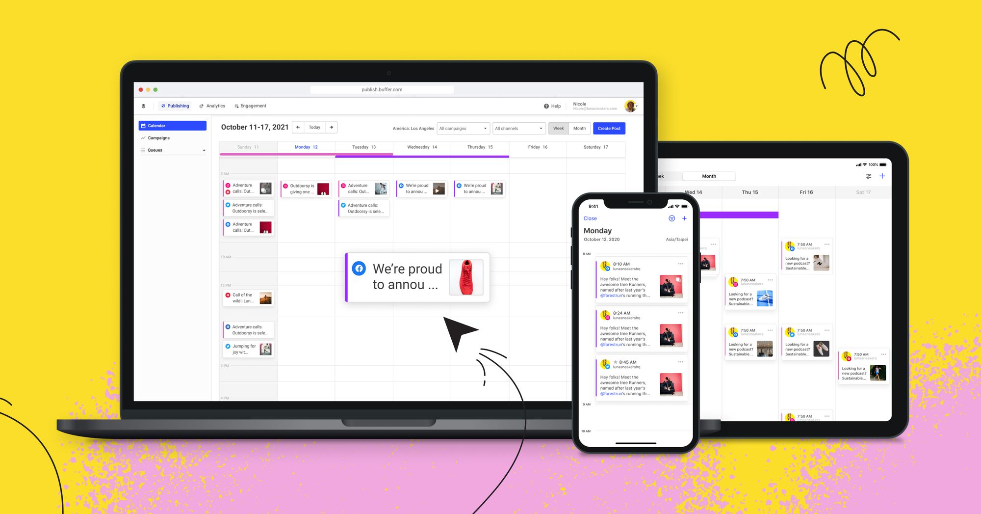 Buffer calendar view shown across desktop, tablet, and mobile
